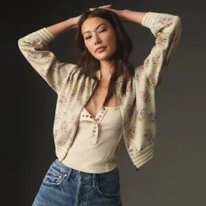 Anthropologie x Maeve Lurex Floral Printed Knit Zip Up Bomber Jacket